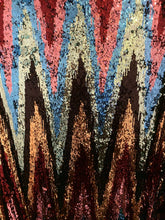 Load image into Gallery viewer, Mint/ Black Multi Color Sequin Zig Zag 4 way Stretch Mesh