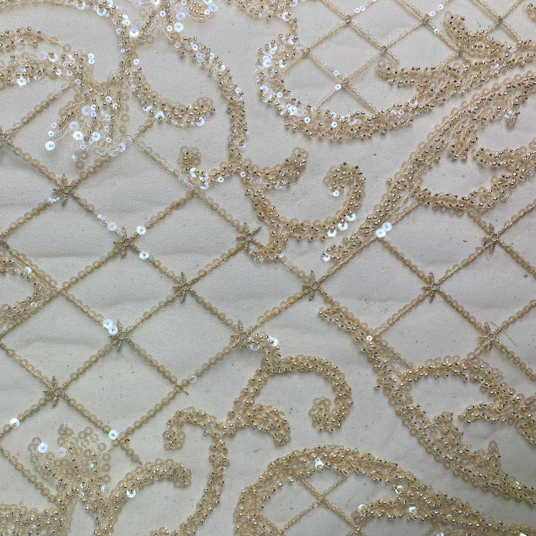 Beige Regal Beaded Fabric by the Yard