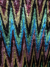 Load image into Gallery viewer, Mint/ Black Multi Color Sequin Zig Zag 4 way Stretch Mesh