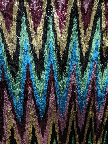 Mint/ Black Multi Color Sequin Zig Zag 4 way Stretch Mesh