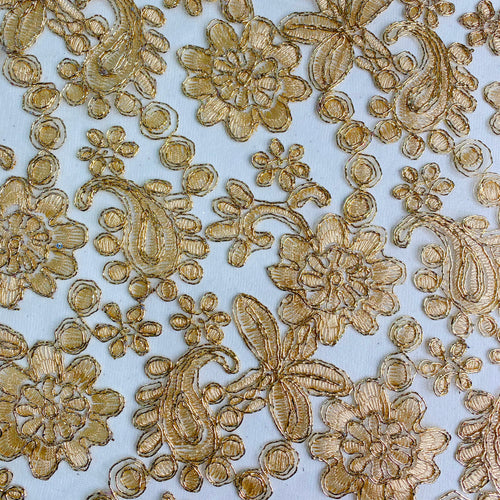 Gold Embroidered Lace on Transluscent Net by the yard