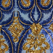 Load image into Gallery viewer, Blue/Gold Royal Feather Sequin Stretch