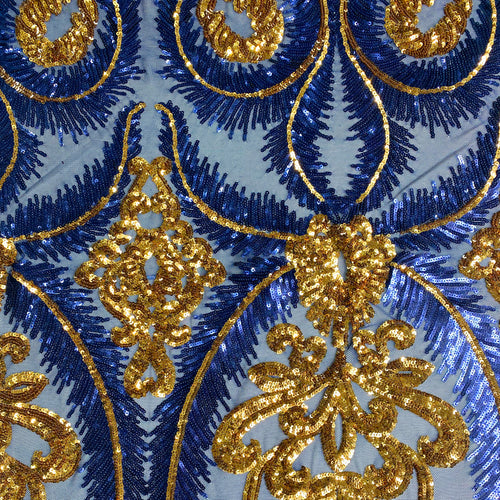 Blue/Gold Royal Feather Sequin Stretch