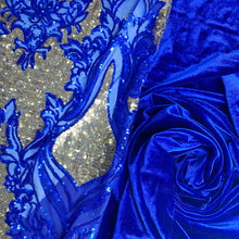 Load image into Gallery viewer, Blue/Gold Mesh Fleur Sequin Stretch