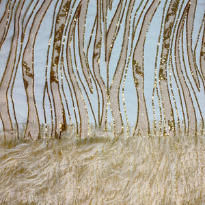 Off White/Gold Metallic Faux Feathers Sequin Fabric
