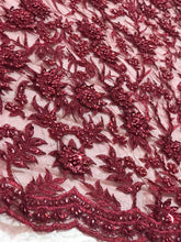 Load image into Gallery viewer, Burgundy Wine Beaded Floral Fabric