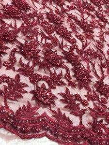 Burgundy Wine Beaded Floral Fabric