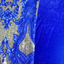 Load image into Gallery viewer, Blue/Gold Mesh Fleur Sequin Stretch