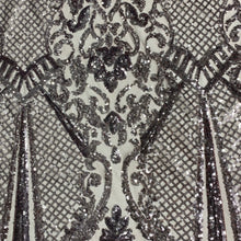 Load image into Gallery viewer, Silver Baroque Sequin Stretch Mesh