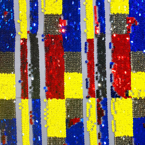 Mondrian Sequin Red Blue Yellow Stretch Mesh