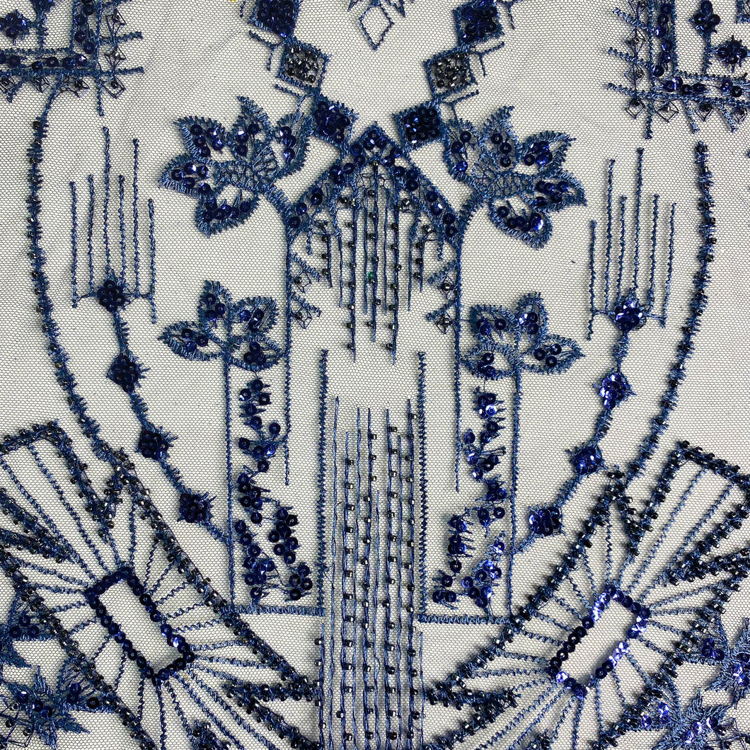 Blue Architectural Beaded Fabric by the yard