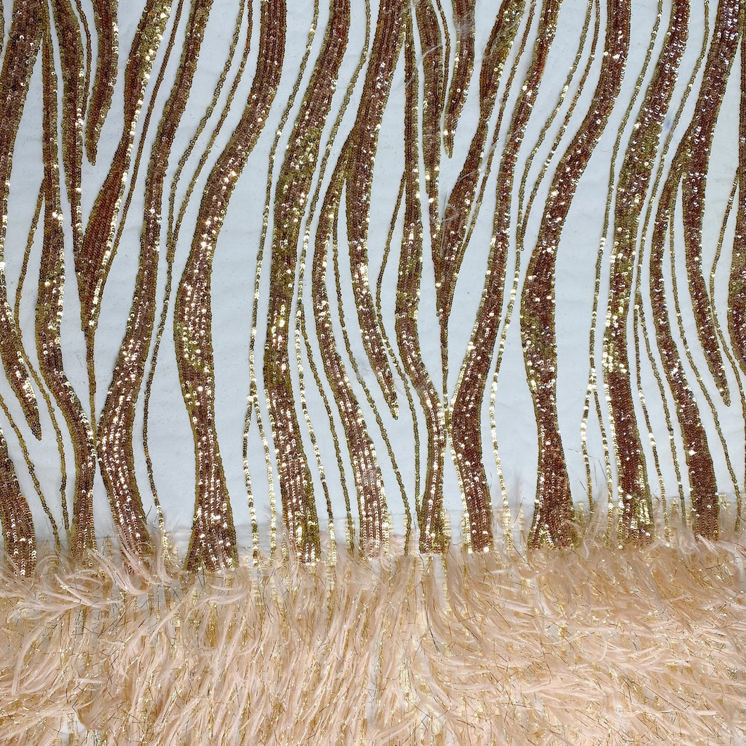 Off White/Gold Metallic Faux Feathers Sequin Fabric