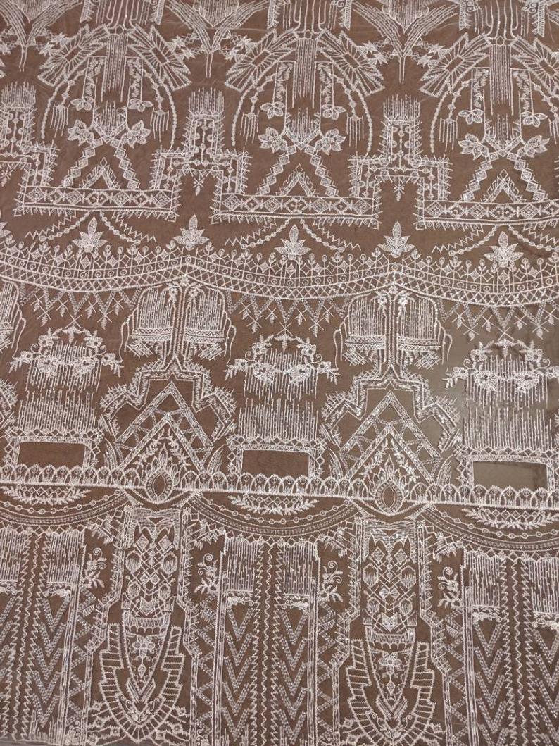 White Architectural Beaded Fabric by the yard