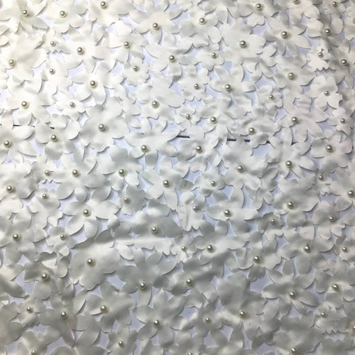 White Laser Cut Floral Satin with Pearls Non Stretch