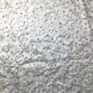 White Laser Cut Floral Satin with Pearls Non Stretch