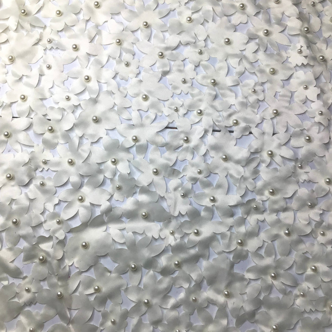 White Laser Cut Floral Satin with Pearls Non Stretch