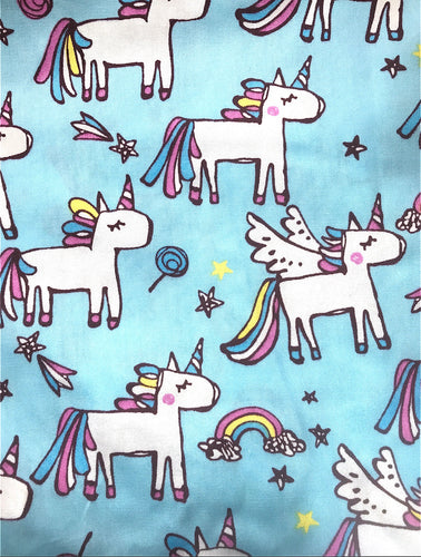 Happy Blue Unicorn Printed Cotton Fabric