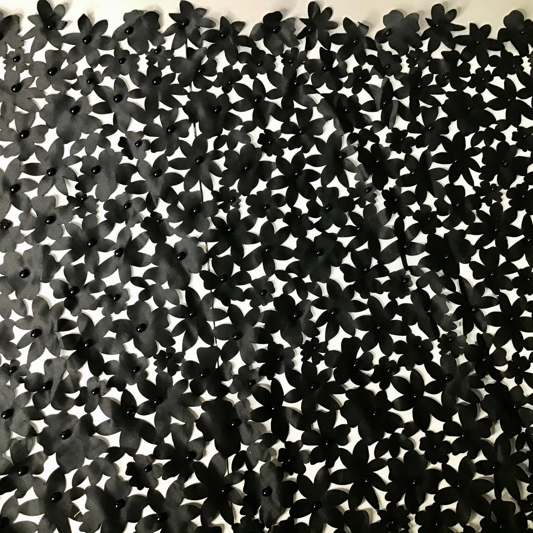 Black Laser Cut Floral Satin with Pearls Non Stretch