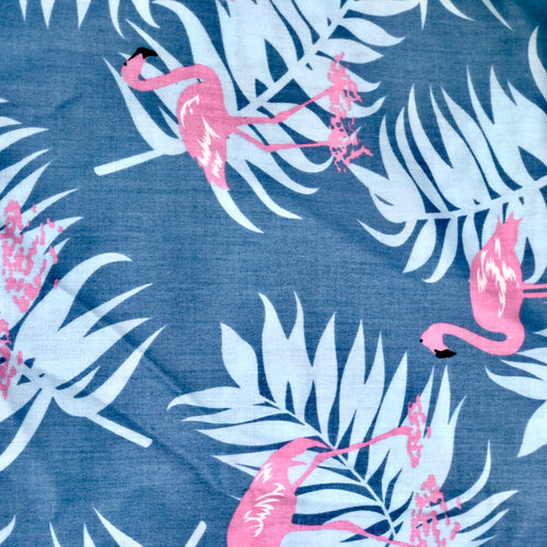 Blue Palm Flamingo Printed Cotton Fabric