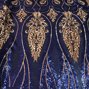 Blue/Gold Royal Feather Sequin Stretch